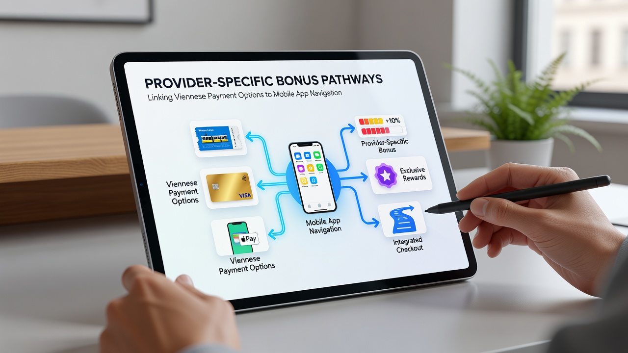 Screenshot example of mobile app navigation flow linking payments to bonus sections in Viennese casino platforms